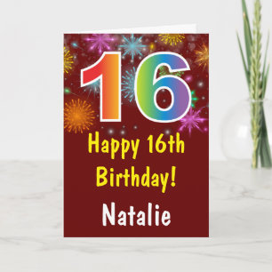 16th Birthday Colourful Rainbow Fireworks Red Card