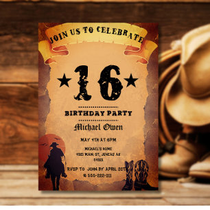 16th birthday cowboy old paper horse riding party invitation