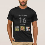 16th birthday custom photo monogram boy T-Shirt<br><div class="desc">For a 16th birthday as a gift or for the party. A collage of 3 of your photos of himself friends,  family,  interest or pets.  Personalise and add his name,  age 16 and a date.  Date of birth or the date of the birthday party.  White and grey coloured text.</div>