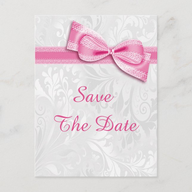 16th Birthday Damask and Faux Bow Save The Date Announcement Postcard (Front)