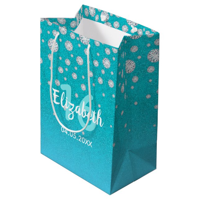 16th birthday diamonds glitter on teal blue green medium gift bag (Back Angled)