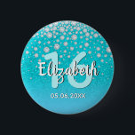 16th birthday diamonds glitter teal blue green 6 cm round badge<br><div class="desc">An elegant, glamourous and girly 16th birthday party button. Teal, blue green coloured faux glitter with faux diamond sprinkle and a golden frame. Templates for a name, age 16 and a date. Date of birth or the date of the party/anniversary. White and teal coloured letters. The name is written with...</div>