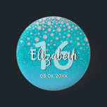 16th birthday diamonds glitter teal blue green 6 cm round badge<br><div class="desc">An elegant, glamourous and girly 16th birthday party button. Teal, blue green coloured faux glitter with faux diamond sprinkle and a golden frame. Templates for a name, age 16 and a date. Date of birth or the date of the party/anniversary. White and teal coloured letters. The name is written with...</div>