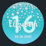 16th birthday diamonds glitter teal blue green classic round sticker<br><div class="desc">An elegant, glamourous and girly 16th birthday party sticker. Teal, blue green coloured faux glitter with faux diamond sprinkle and a golden frame. Templates for a name, age 16 and a date. Date of birth or the date of the party/anniversary. White and teal coloured letters. The name is written with...</div>
