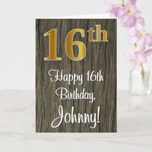 16th Birthday: Elegant Faux Gold Look #, Faux Wood Card