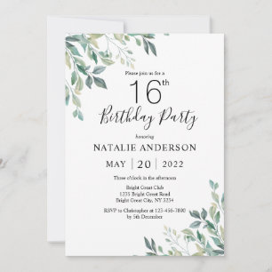 16th Birthday Elegant Green Eucalyptus Greenery Invitation
