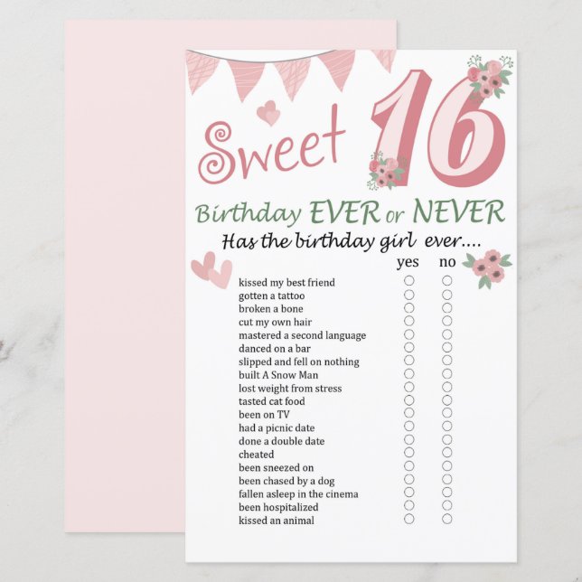16th Birthday Ever or Never Game (Front/Back)