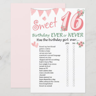 16th Birthday Ever or Never Game