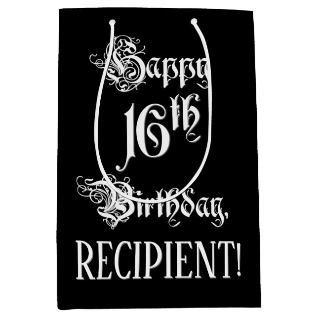 16th Birthday: Fancy, Elegant Script + Custom Name Medium Gift Bag (Front)