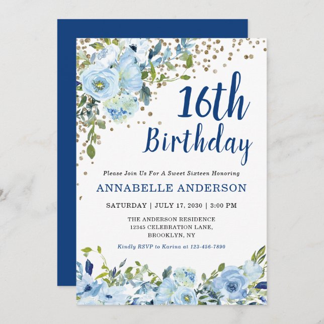 16th Birthday Floral Navy Blue Gold Confetti Girly Invitation (Front/Back)