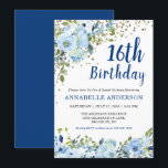 16th Birthday Floral Navy Blue Gold Confetti Girly Invitation<br><div class="desc">16th Birthday Sweet Sixteen Blue Floral Watercolor Gold Confetti Invitation
The design features beautiful watercolor light blue and green florals.</div>