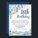 16th Birthday Floral Navy Blue Gold Confetti Girly Invitation<br><div class="desc">16th Birthday Sweet Sixteen Blue Floral Watercolor Gold Confetti Invitation
The design features beautiful watercolor light blue and green florals.</div>