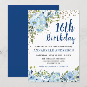 16th Birthday Floral Navy Blue Gold Confetti Girly Invitation