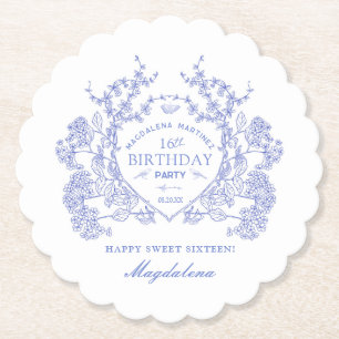 16th Birthday French Blue Floral Crest Custom Paper Coaster