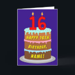 16th Birthday: Fun Cake and Candles   Custom Name Card<br><div class="desc">The front of this upbeat and cheerful birthday greeting card design features a depiction of a three-tier birthday cake having number-shaped candles on top showing the age “16“, along with the message “HAPPY 16TH BIRTHDAY, ”, and a personalised recipient name. The inside features a personalised birthday greeting message, or could...</div>