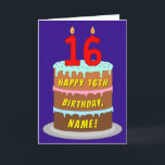 16th Birthday: Fun Cake and Candles   Custom Name Card<br><div class="desc">The front of this upbeat and cheerful birthday greeting card design features a depiction of a three-tier birthday cake having number-shaped candles on top showing the age “16“, along with the message “HAPPY 16TH BIRTHDAY, ”, and a personalised recipient name. The inside features a personalised birthday greeting message, or could...</div>
