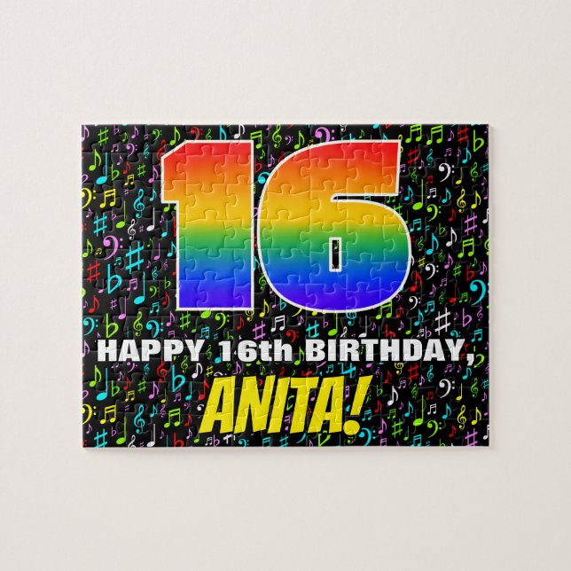 16th Birthday — Fun, Colourful Music Symbols & “16 Jigsaw Puzzle (Horizontal)