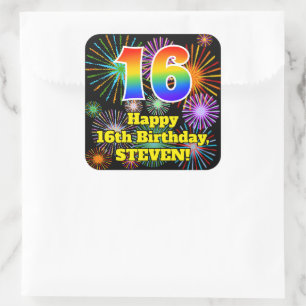 16th Birthday: Fun Fireworks Look, Rainbow # 16 Square Sticker