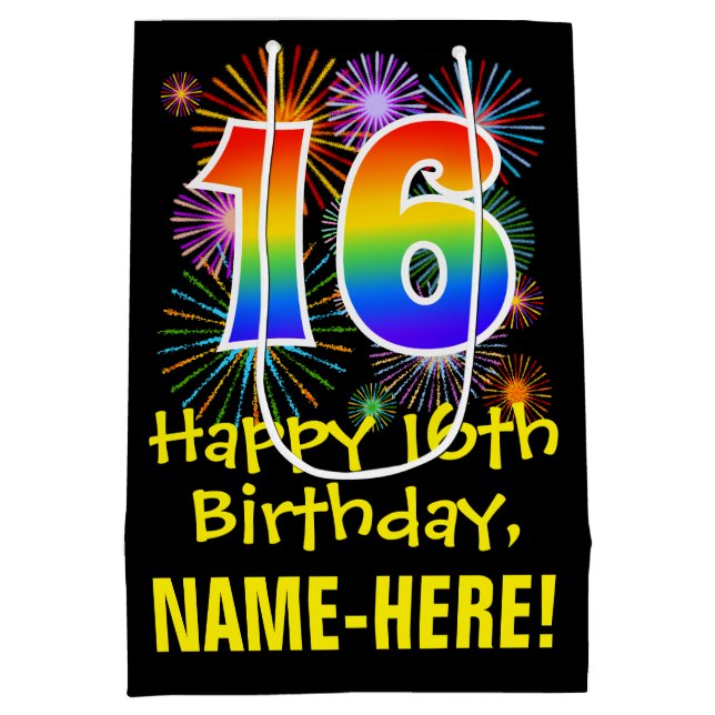 16th Birthday: Fun Fireworks Pattern + Rainbow 16 Medium Gift Bag (Back)