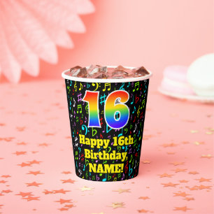 16th Birthday: Fun Music Notes Pattern, Rainbow 16 Paper Cups