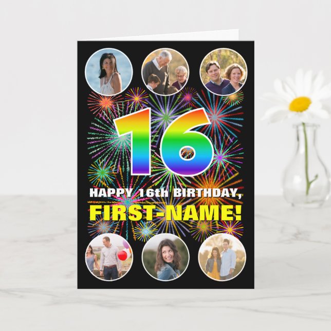 16th Birthday: Fun Rainbow #, Custom Name & Photos Card (Small Plant)