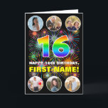 16th Birthday: Fun Rainbow #, Custom Name & Photos Card<br><div class="desc">The front of this cheerful and upbeat birthday greeting card design features a large number “16“ with a colourful rainbow spectrum inspired gradient pattern, along with the message “HAPPY 16th BIRTHDAY, ” and a customisable name, on a pattern inspired by bursting multicolored fireworks. At the top and the bottom of...</div>