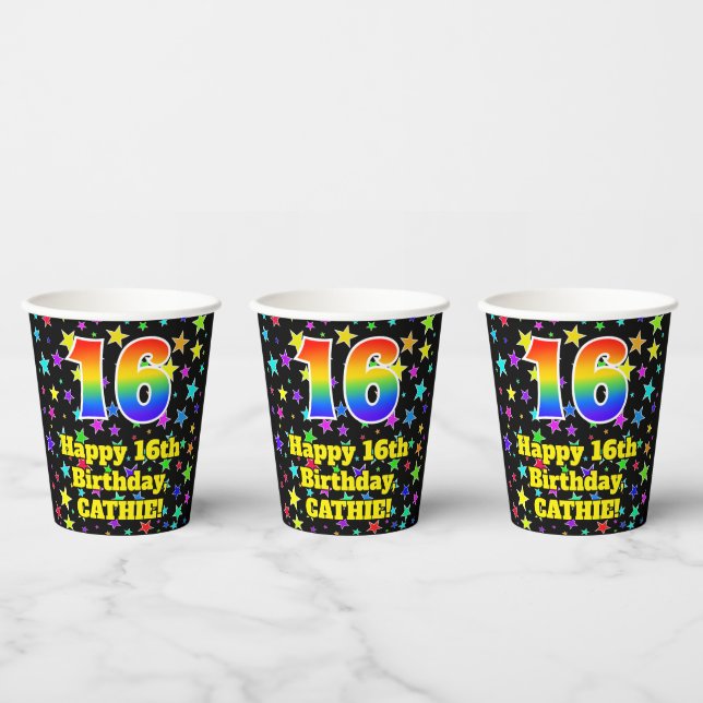 16th Birthday: Fun Stars Pattern and Rainbow 16 Paper Cups (Multi)