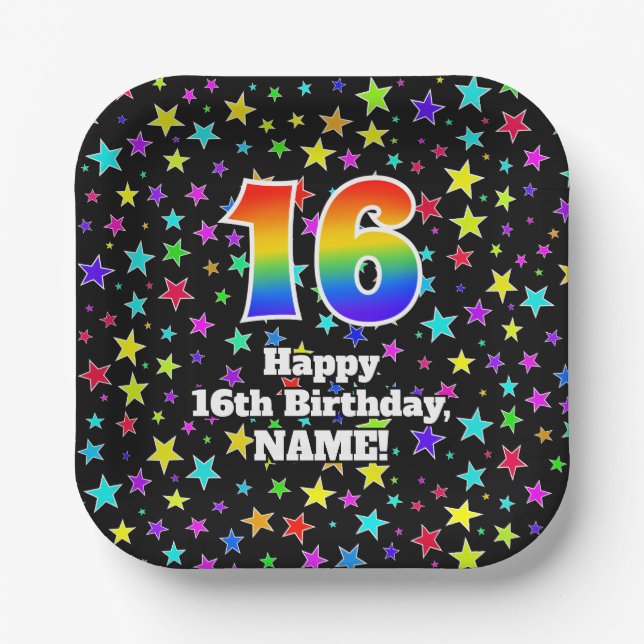 16th Birthday: Fun Stars Pattern and Rainbow “16” Paper Plate (Front)