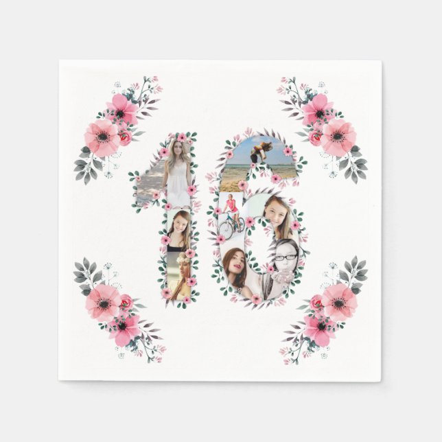 16th Birthday Girl Flower Photo Collage White Napkin (Front)