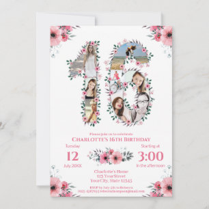 16th Birthday Girl Photo Collage Pink Flower White Invitation