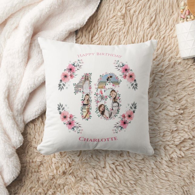 16th Birthday Girl Pink Flower Photo Collage White Cushion (Blanket)