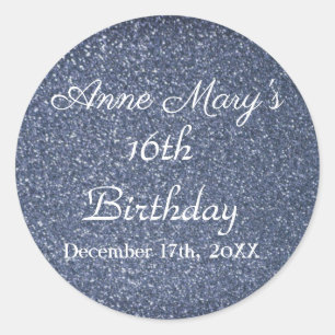 16th Birthday Glittery Sparkle Custom Dusty Blue Classic Round Sticker