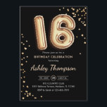 16th Birthday - Gold Balloons Black Invitation<br><div class="desc">16th birthday party invitation. Elegant design in faux glitter gold and black. Invite card features gold number 16 balloons and script font. Perfect for a stylish bday celebration. Message me if you need custom age.</div>