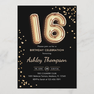 16th Birthday - Gold Balloons Black Invitation