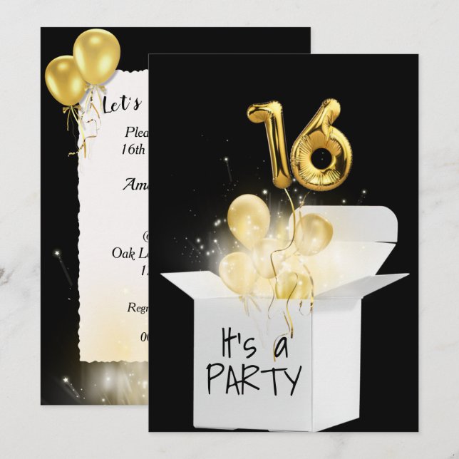 16th Birthday Gold Balloons In White Box Invitation (Front/Back)