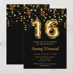 16th Birthday Gold Balloons Snowflake Confetti Invitation