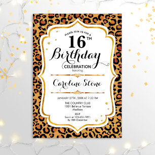 16th Birthday - Gold Leopard Print Invitation