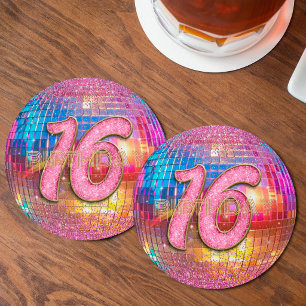 16th Birthday Gold Pink Glitter Dancing Disco Ball Round Paper Coaster