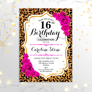 16th Birthday - Gold Pink Leopard Print Invitation