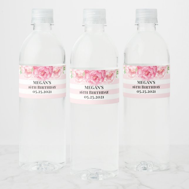 16th Birthday Gold Pink Stripes Pink Flowers Water Bottle Label (Bottles)