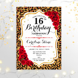 16th Birthday - Gold Red Leopard Print Invitation<br><div class="desc">16th Birthday Invitation.
Elegant red white design with faux glitter gold. Features leopard cheetah animal print,  script font and roses. Perfect for an elegant birthday party. Can be personalized into any year! Message me if you need further customization.</div>
