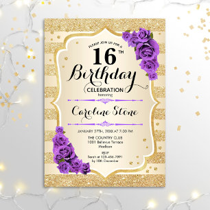 16th Birthday - Gold Stripes Purple Roses Invitation