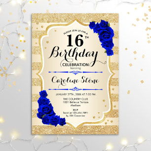 16th Birthday - Gold Stripes Roya; Blue Roses Invitation