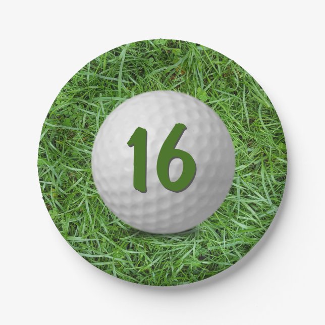 16th Birthday Golf Ball on Grass  Paper Plate (Front)