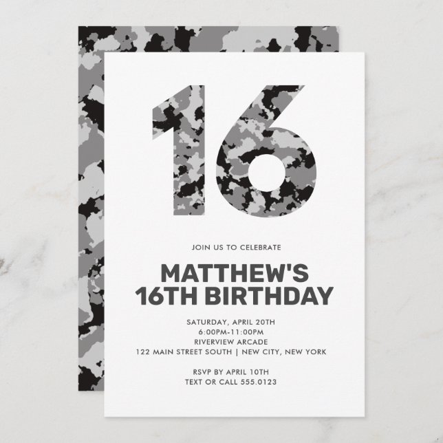 16TH Birthday, Grey Camo Personalised Teen Invitation (Front/Back)