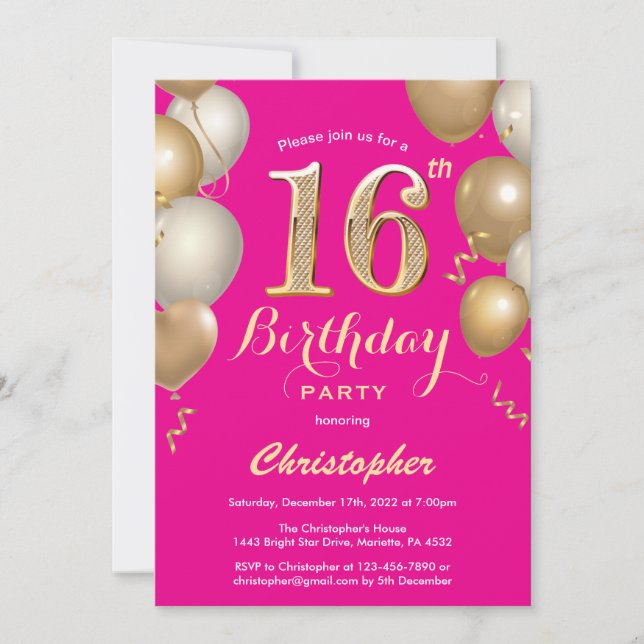 16th Birthday Hot Pink and Gold Balloons Confetti Invitation (Front)