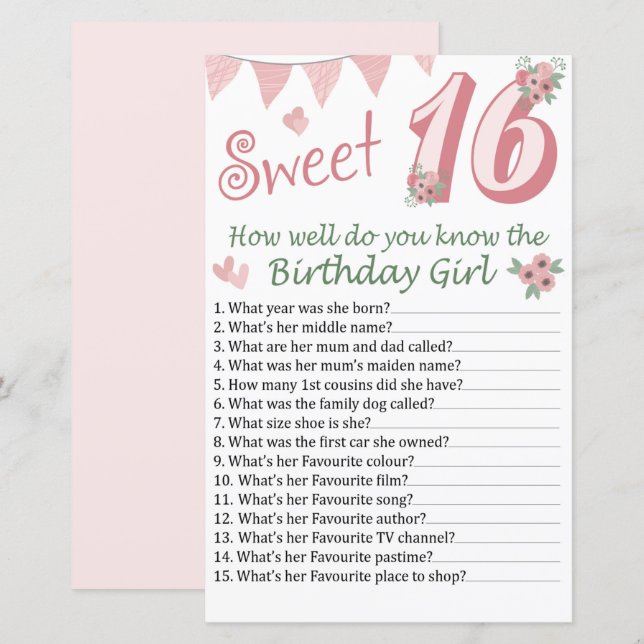 16th birthday How well do you know the birthday (Front/Back)