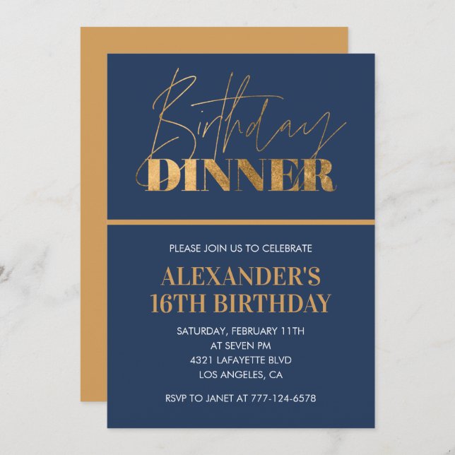 16th birthday invitation Birthday Dinner Gold Navy (Front/Back)
