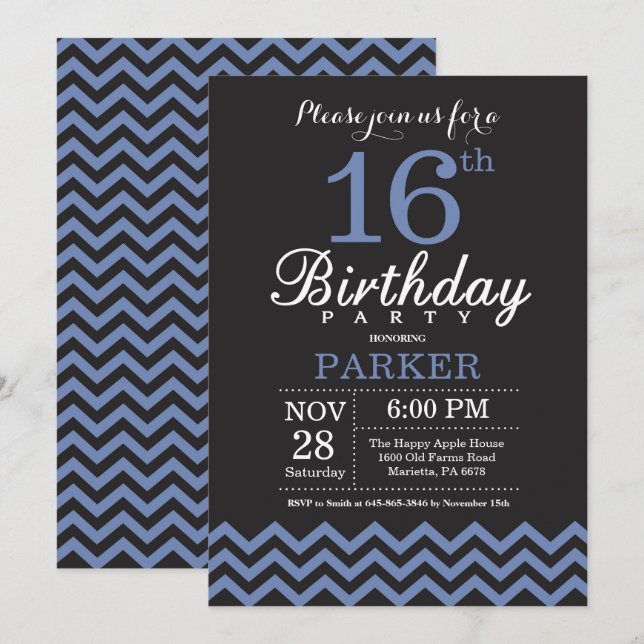 16th Birthday Invitation Black and Blue (Front/Back)