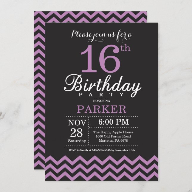 16th Birthday Invitation Black and Purple (Front/Back)